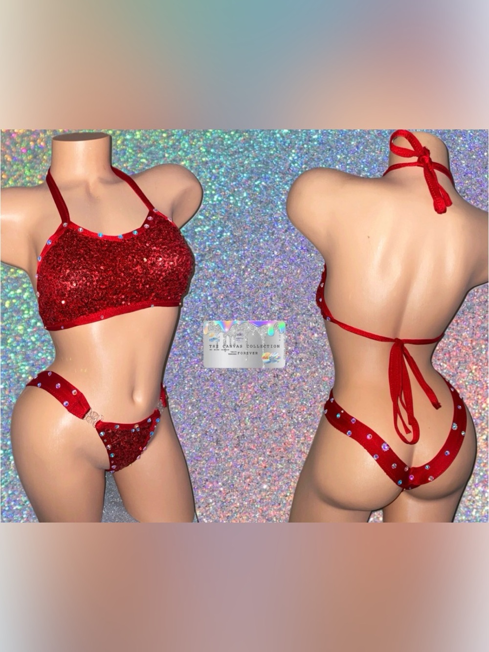 EXOTIC DANCEWEAR: 2 Piece Red Sequin Bikini Set with rhinestones